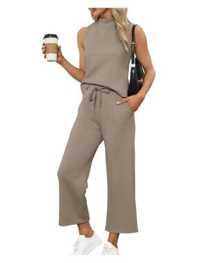 Women's 2-Piece Lounge Set Mock Neck Sleeveless Top Wide Leg Crop Pants